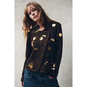 Zara Women Sweater L Large Brown Knit Cardigan Gold Flowers 9598/155 NWT